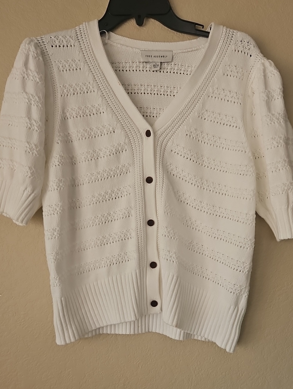 White Short-Sleeve Knit Cardigan Large